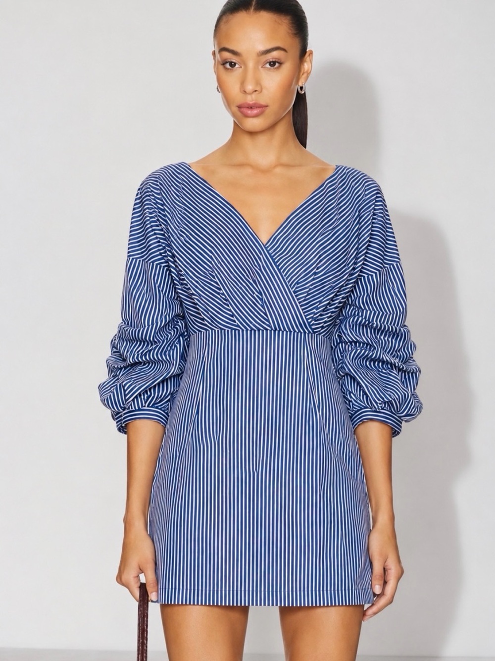 Revolve J.O.A. Mercer Pinstripe Ruched Poplin Mini Dress Size M